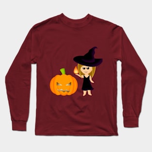 Halloween Young Witch & Pumpkin Long Sleeve T-Shirt